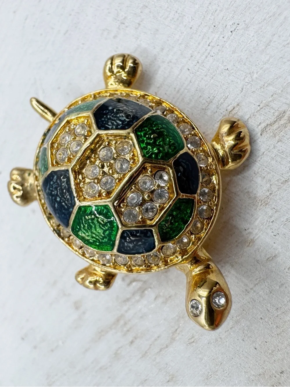 Turtle brooch gold tone green blue enamel rhinestone kitschy animal jewelry